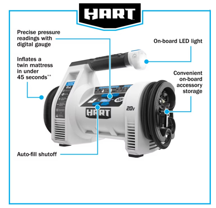 Hart HPIF50 20-Volt Cordless Dual Function Digital Inflator, Battery Not Include