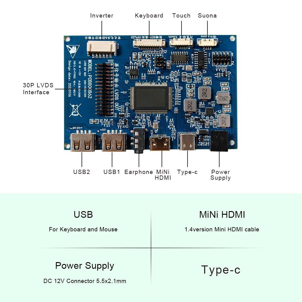 HDMI Type C USB C LCD Controller Board For 21.5in 1920x1080T215HVN01 LCD Panel