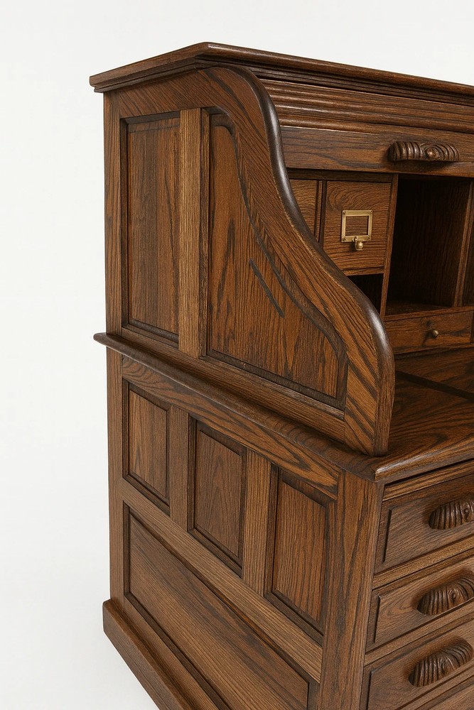 60" Oak Crest Roll-Top Desk – Solid Oak, Classic Vintage Style Paperwork 2 Keys