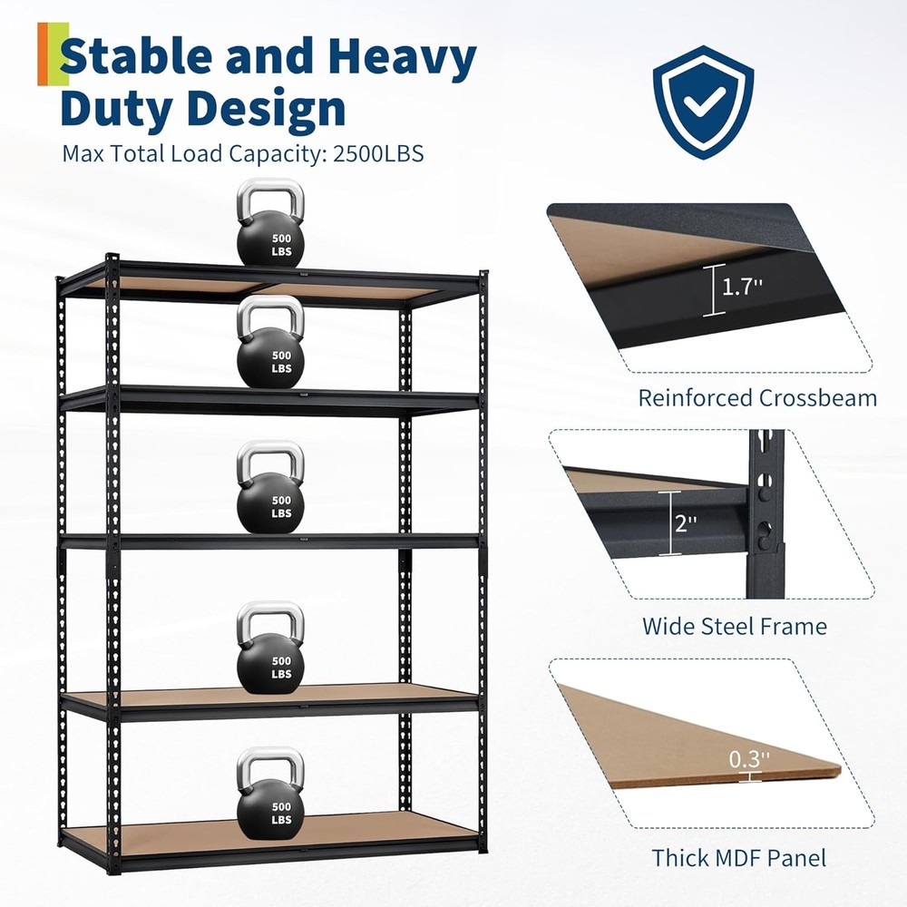 5-Tier Storage Shelving Unit Garage Storage Rack Adjustable 2500 LBS Load