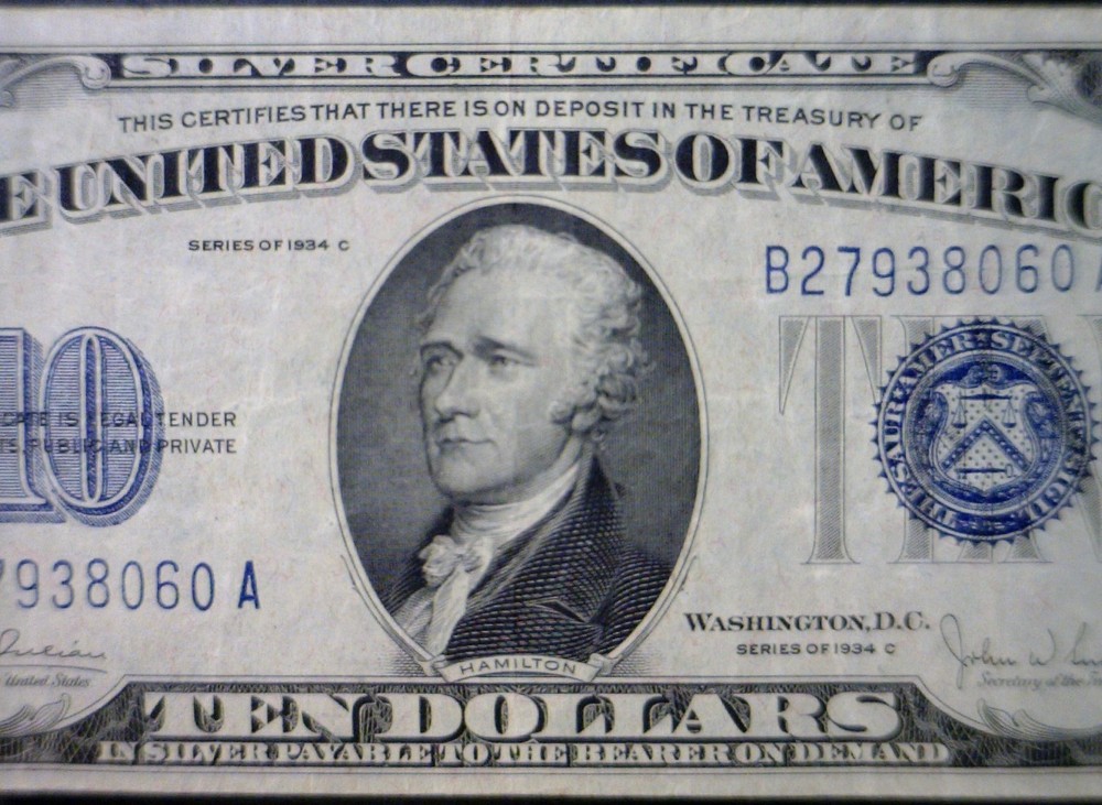 1934c ERROR 3rd Print Shift $10 SILVER CERTIFICATE VF + Note Currency NR