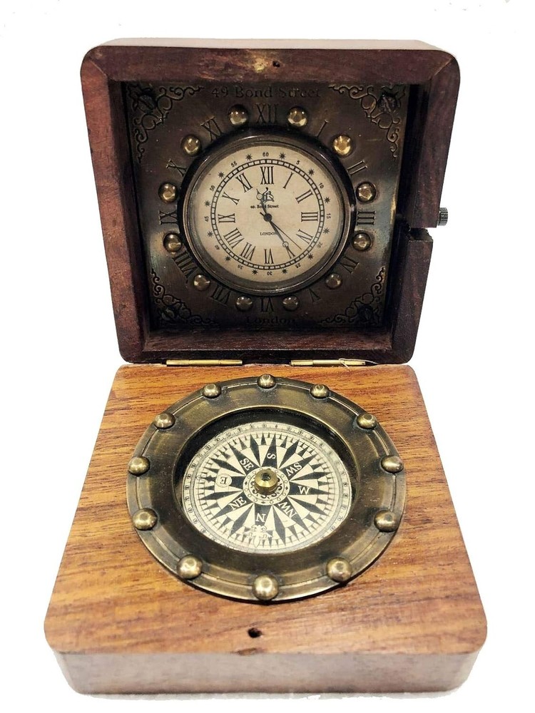 Antique Pocket Compass Analog Clock 3.5" Brass Navigation Pocket Solid Brass