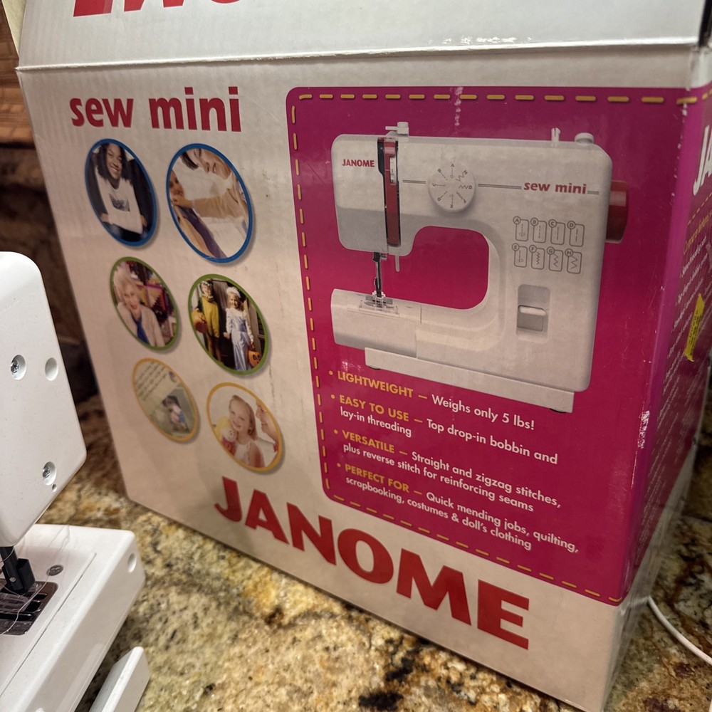 Janome Sew Mini Sewing Machine Compact Portable White & Red With Box