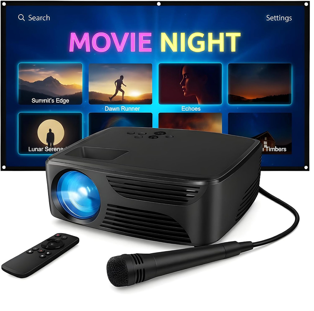 Mini Bluetooth Projector with Screen, Karaoke Microphone & Remote Control | Port