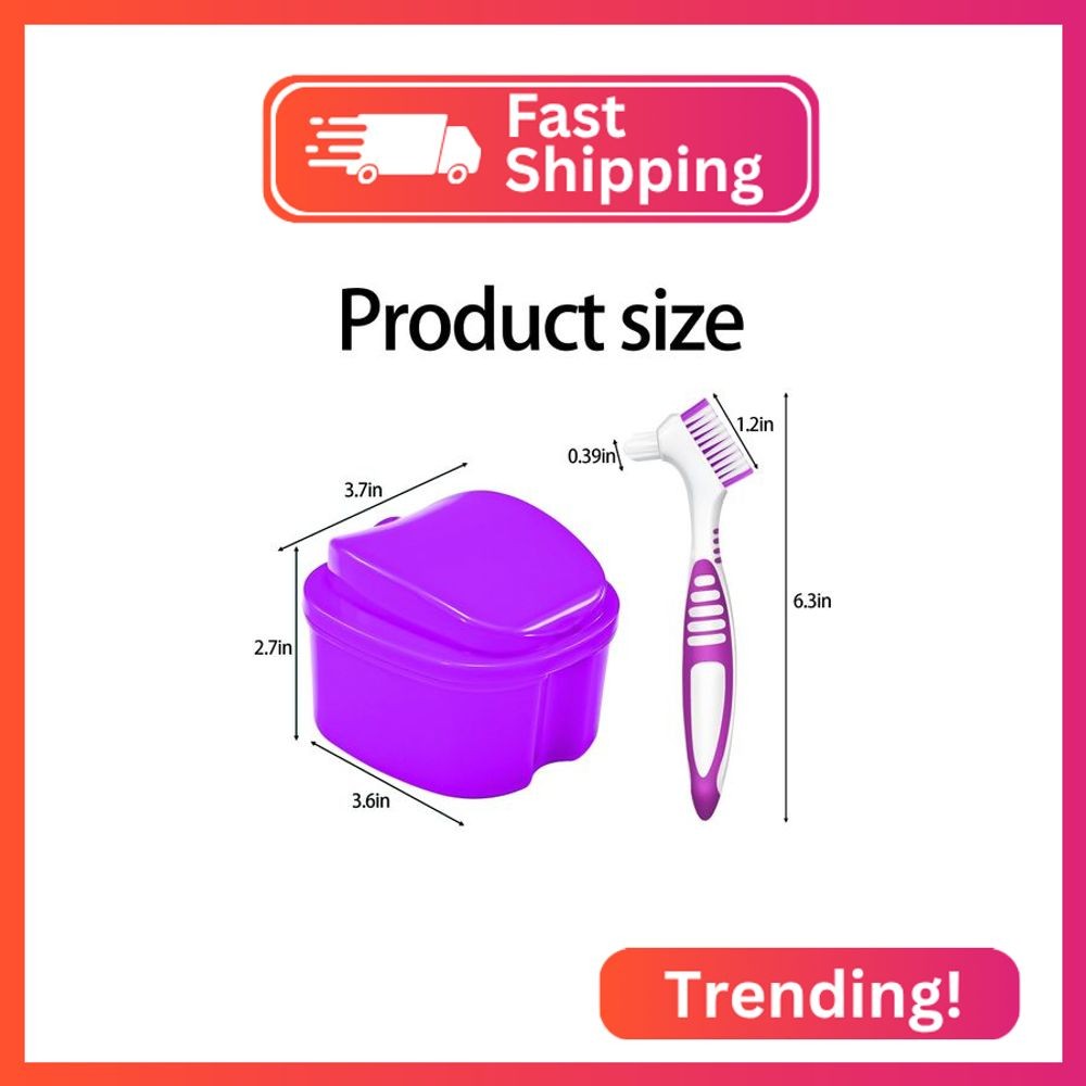 Denture Bath Case Denture Cleaning Cup with Brush Set, 2 Pack False Teeth Contai