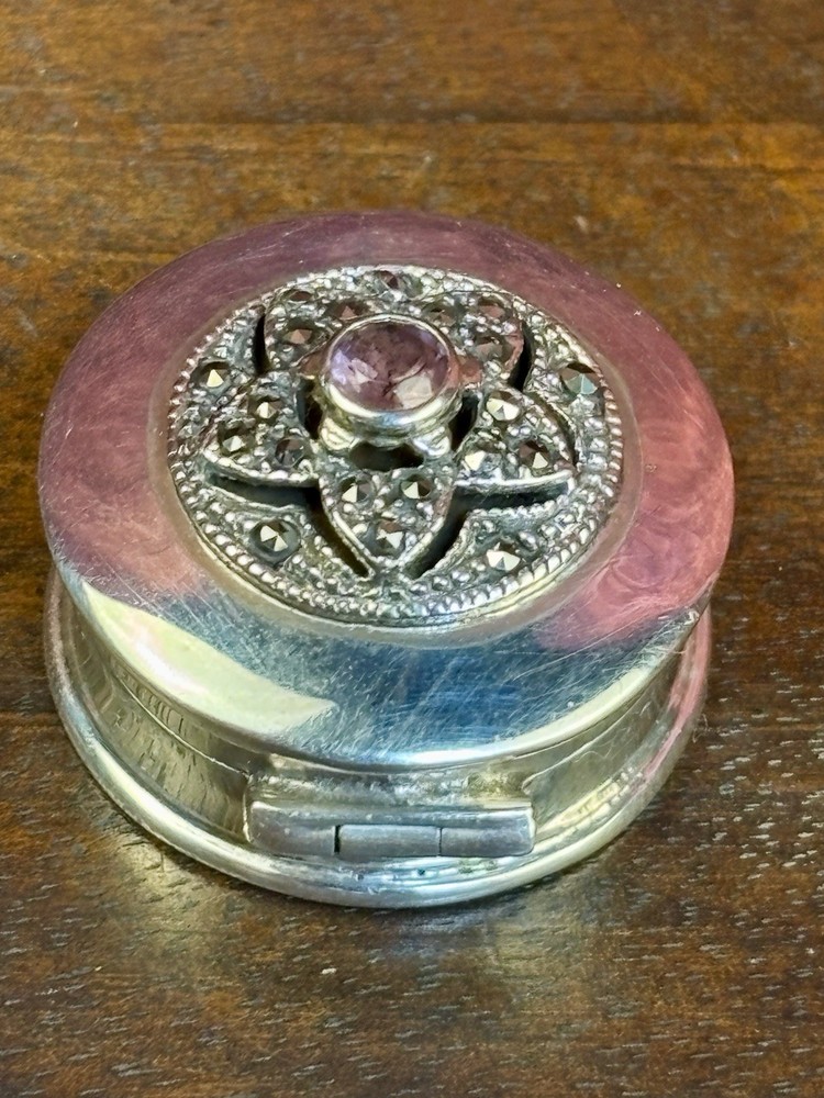 A Pretty London Hallmarked Solid Silver Pill Box Set With Marcasite & Amethyst.