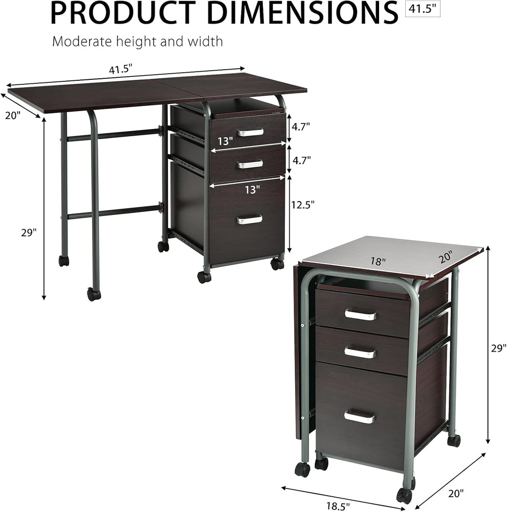 Folding Computer Desk with 3 Storage Drawers, Mobile Home Office Desk Study Writ