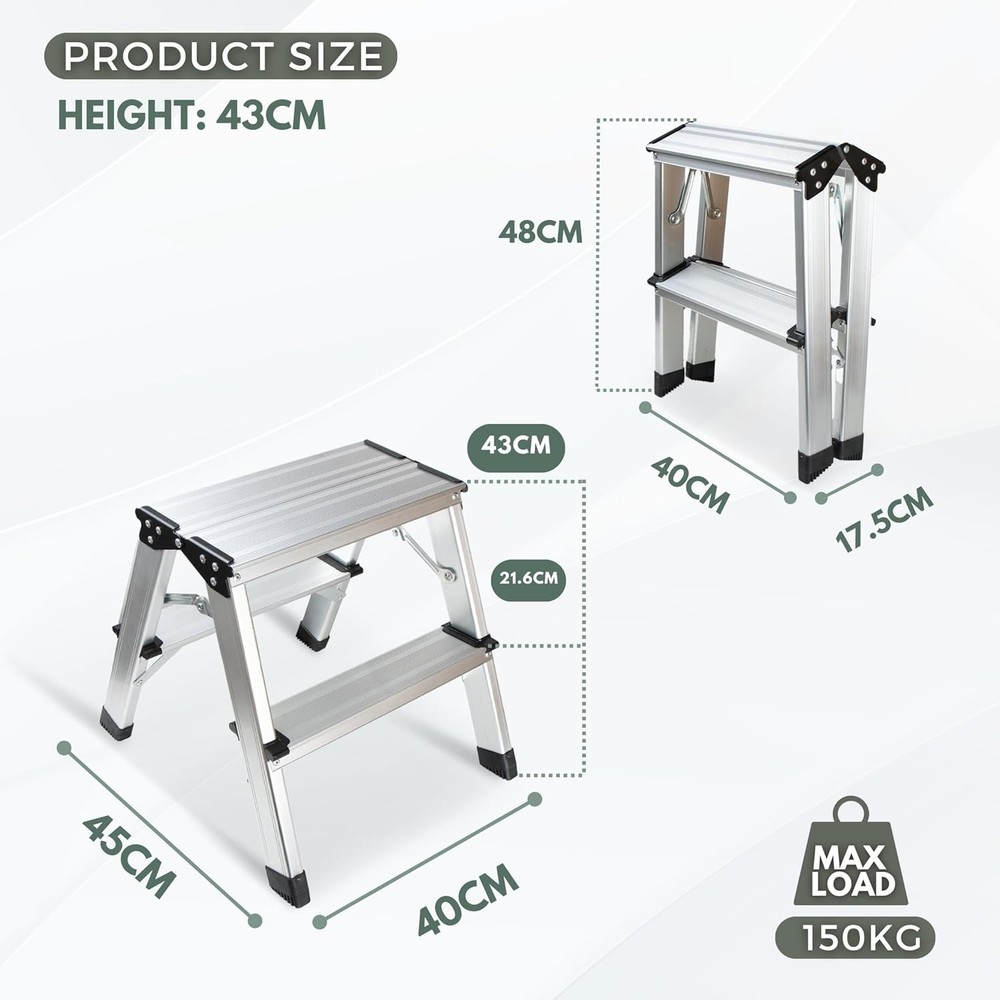 2 Step Ladder, Aluminum Folding Step Ladder, Portable Small Kitchen Step Stool