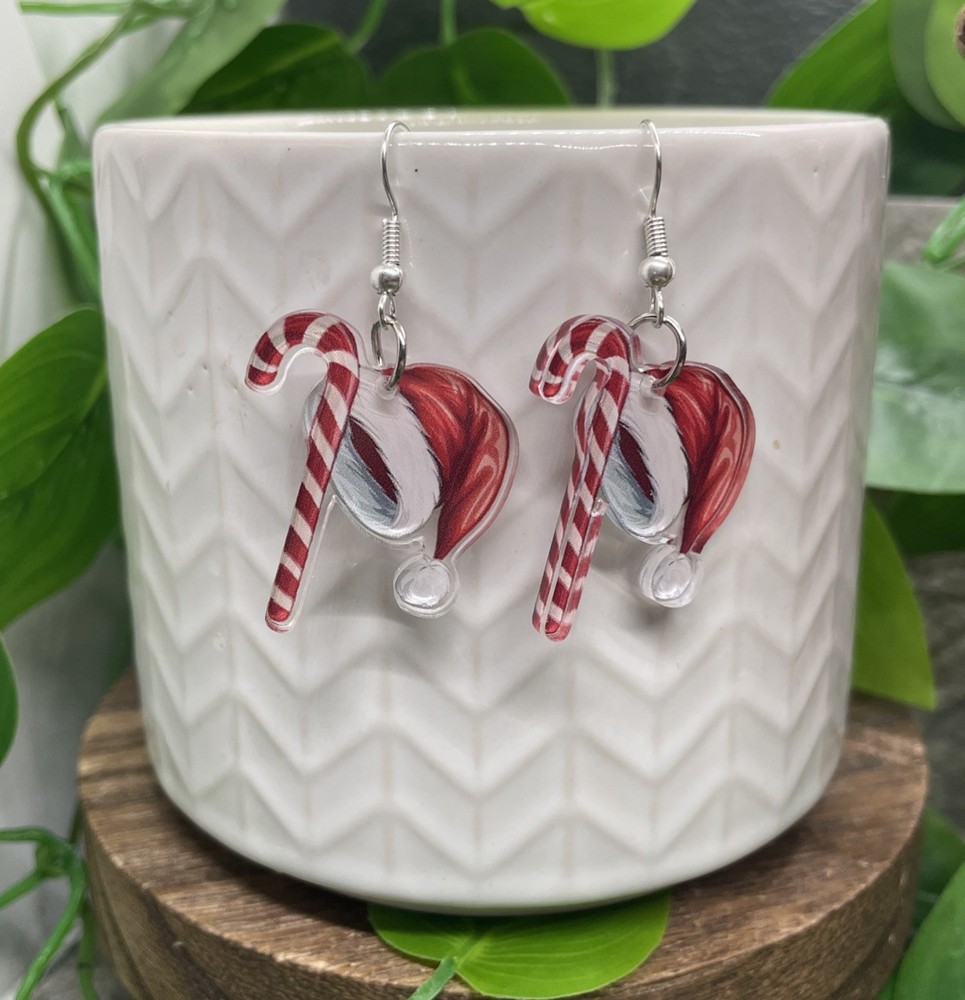 1.85” Silver-tone Acrylic Dangle Earring Set New Free Ship Candy Cane B8969