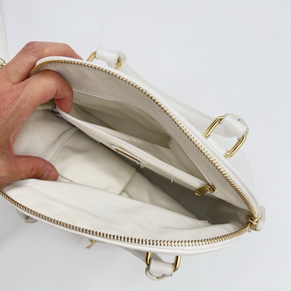 White Mini Top Handle Bag Gold Lock Chain Strap Crossbody.