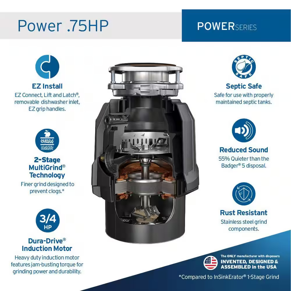 Power .75HP, 3/4 HP Garbage Disposal, EZ Connect Continuous Feed Food Waste Disp