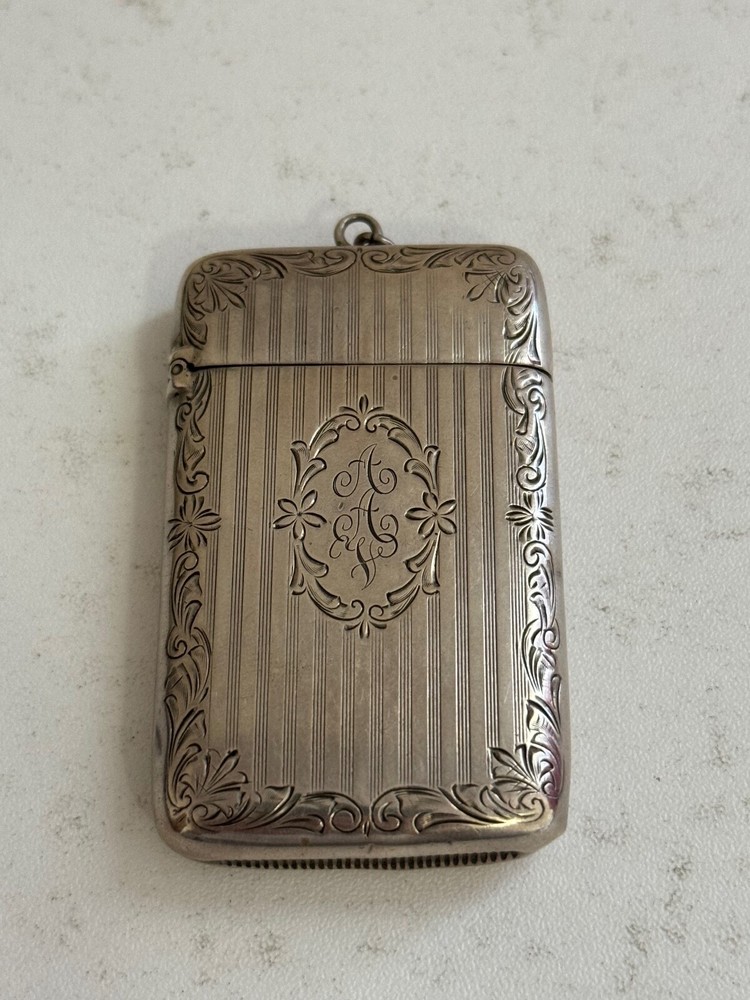 Antique Watrous Sterling Silver Match Safe Vesta Case Striped / Engraved Design