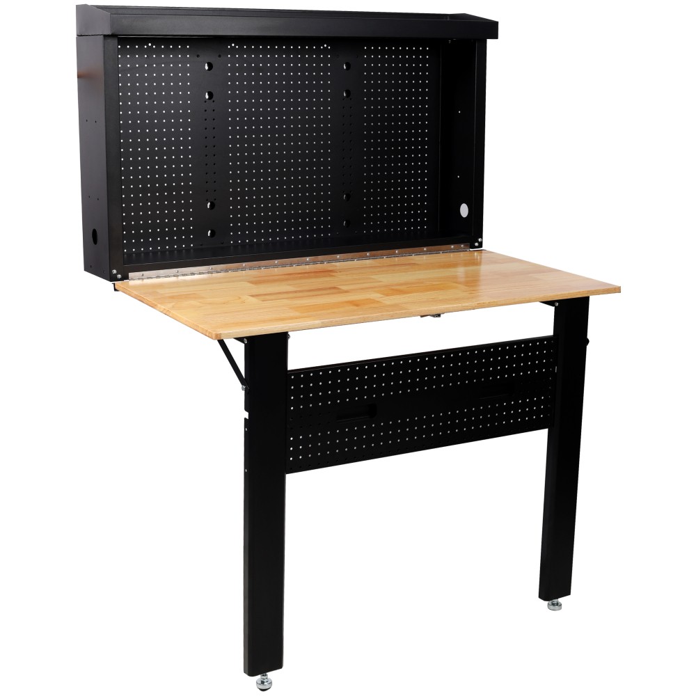 Foldable Wall Workbench w/ Rubberwood Surface & Pegboard Tool Storage