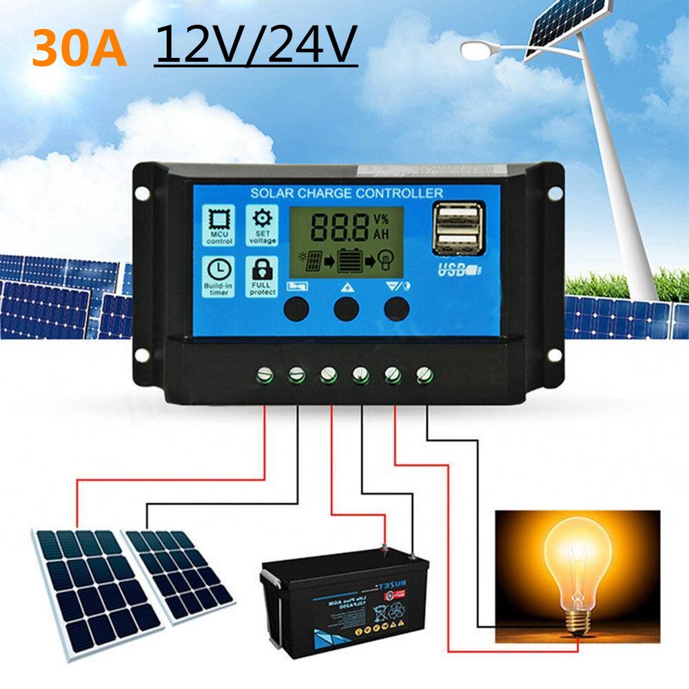 2 Packs Solar Panel Battery Charge Controller 30A 12V/24V LCD Dual USB Regulator