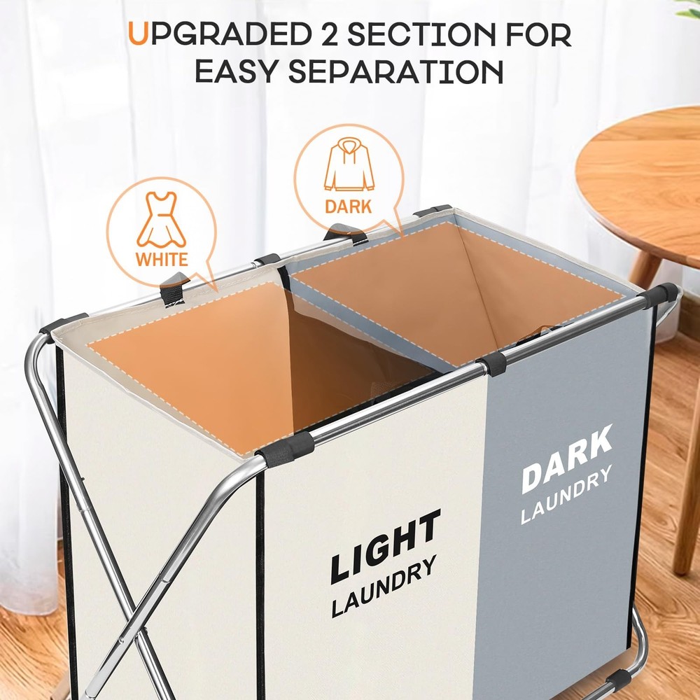 Laundry Cloth Hamper Sorter Basket Bin Foldable 2 Sections with stainless ste...