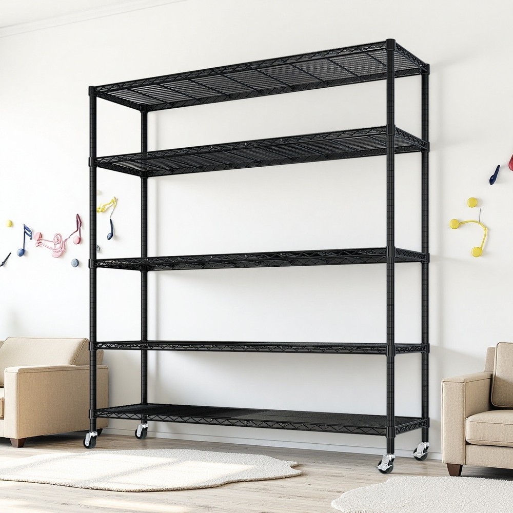 5-Tier Rolling Shelving Unit - Modular, Heavy Duty, Adjustable, Metal & Black