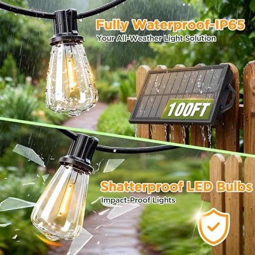 100FT Waterproof Solar String Lights with Remote & Timer, LED Shatterproof Bulbs