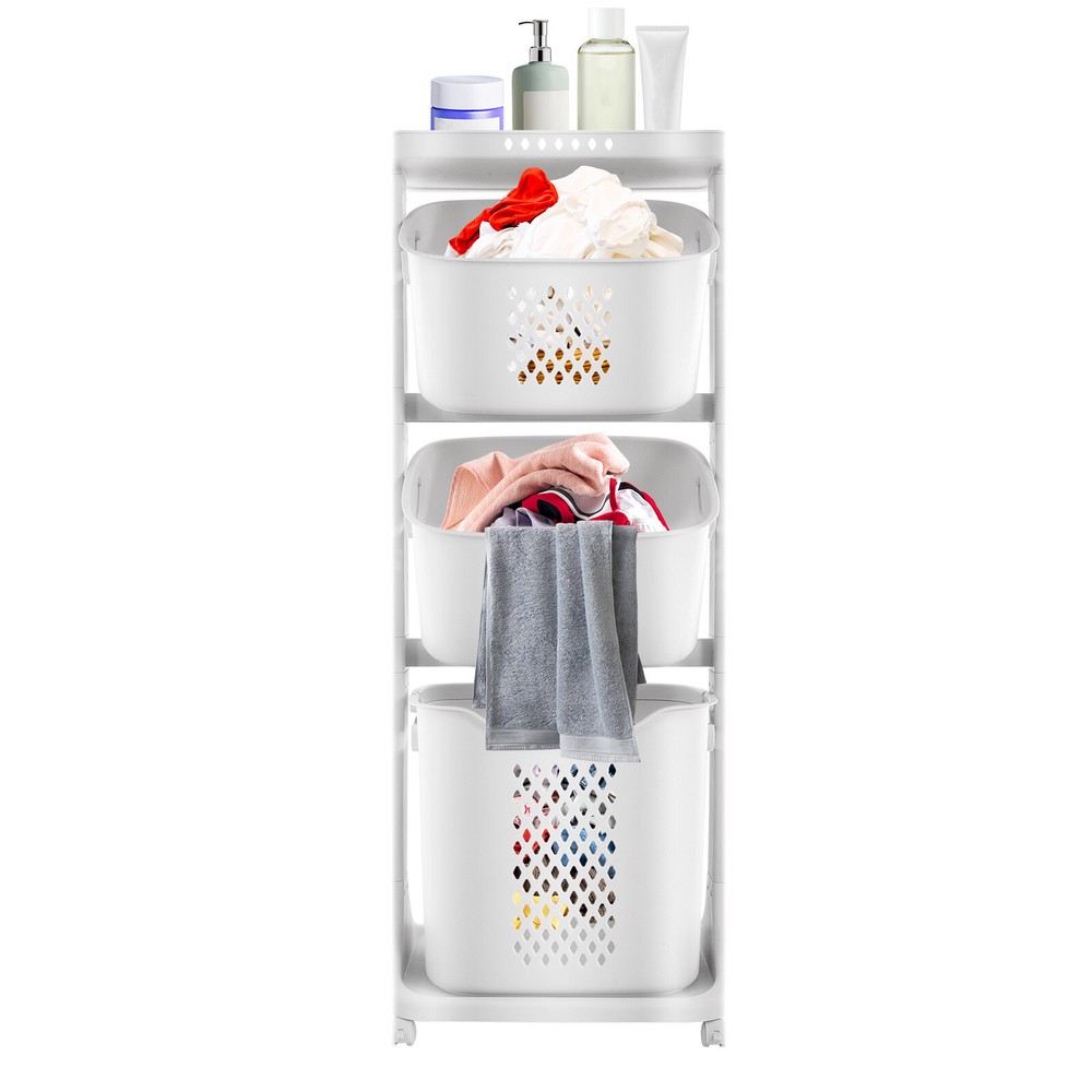3 Layers Rolling Laundry Basket Clothes Hamper Storage Organizer Sorter Shelf