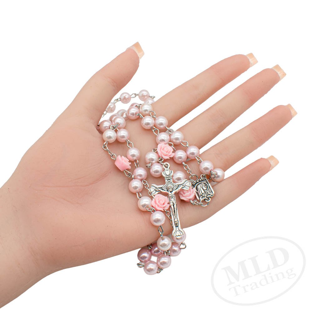 Pink Pearl Rosary Necklace – 32 Inch with Rose Beads Catholic Prayer Crucifix