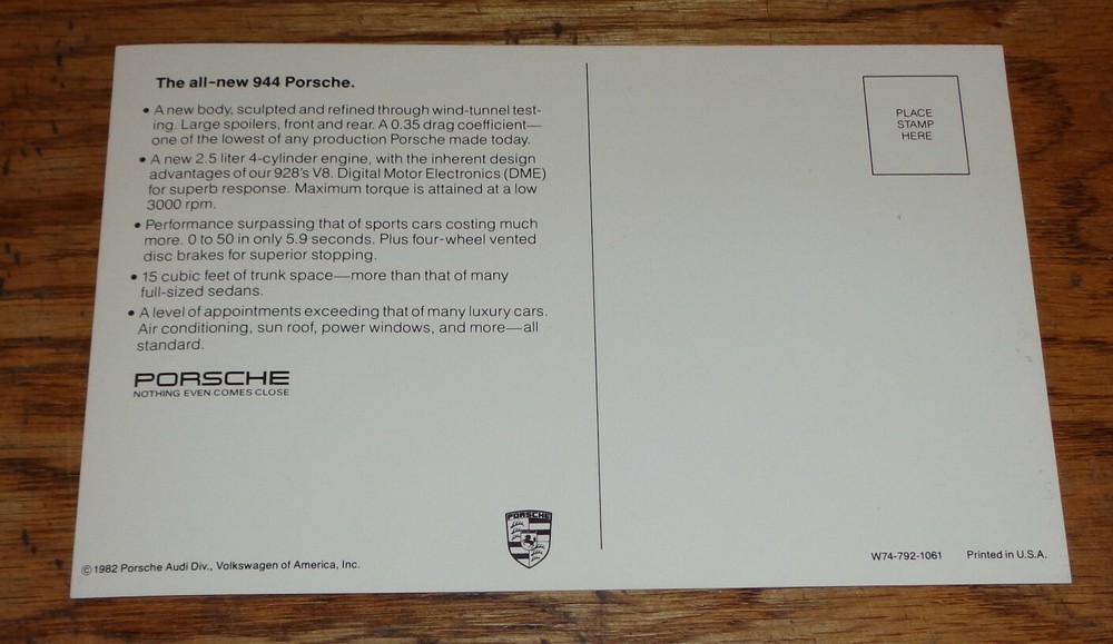 Original 1982 - 1983 Porsche 944 Oversized Postcard