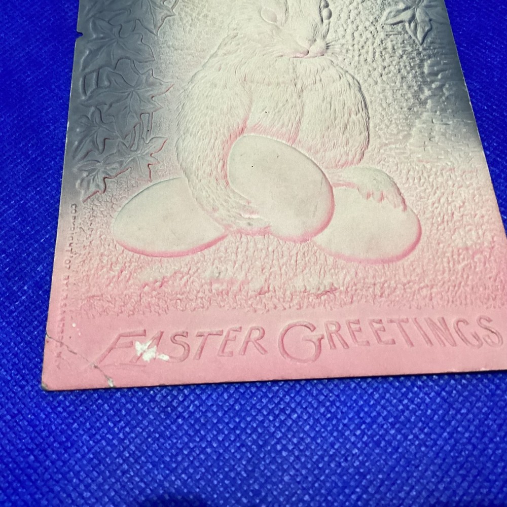 Antique Easter Greeting Card - Embossed Rabbit with eggs