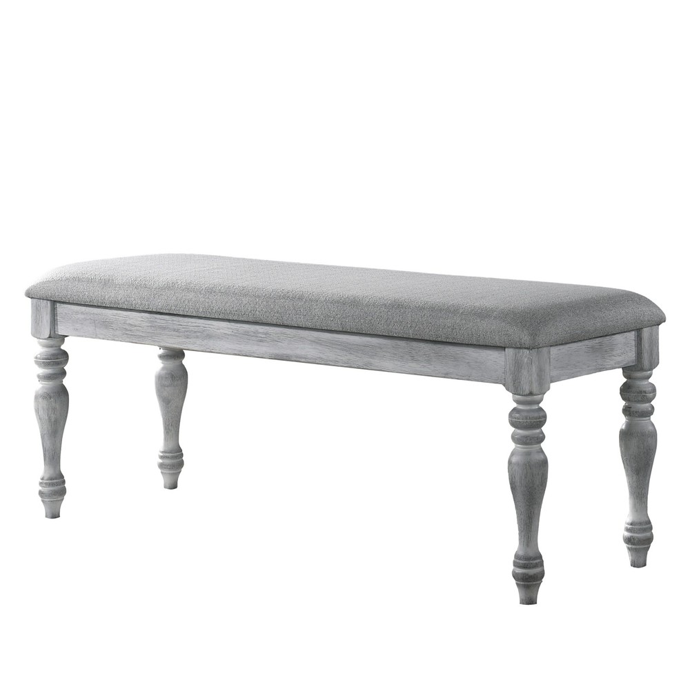 Upholstered Turned Leg Dining Bench in Rustic White, Farmhouse Kitchen Stool
