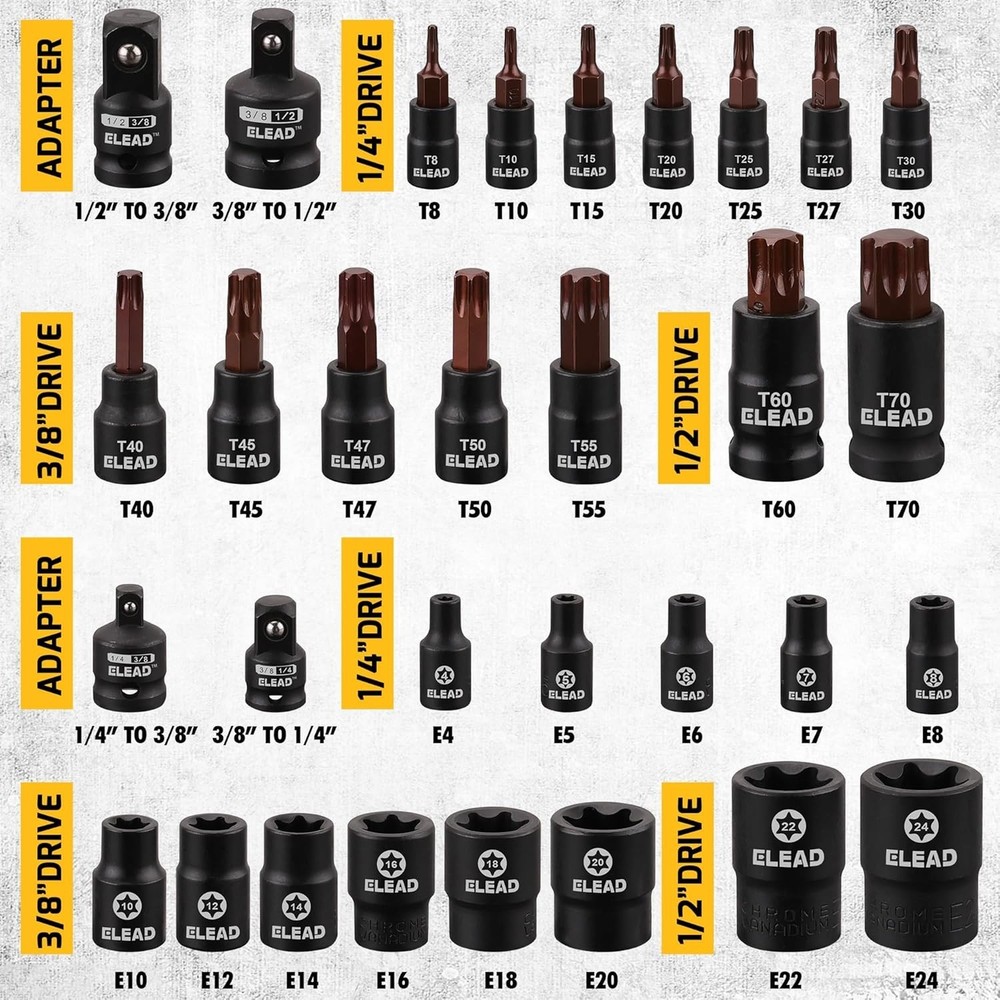 31-Piece Torx Bit Socket Set 14 Star Bits T8-T70 & 13 E-Torx Sockets E4-E24