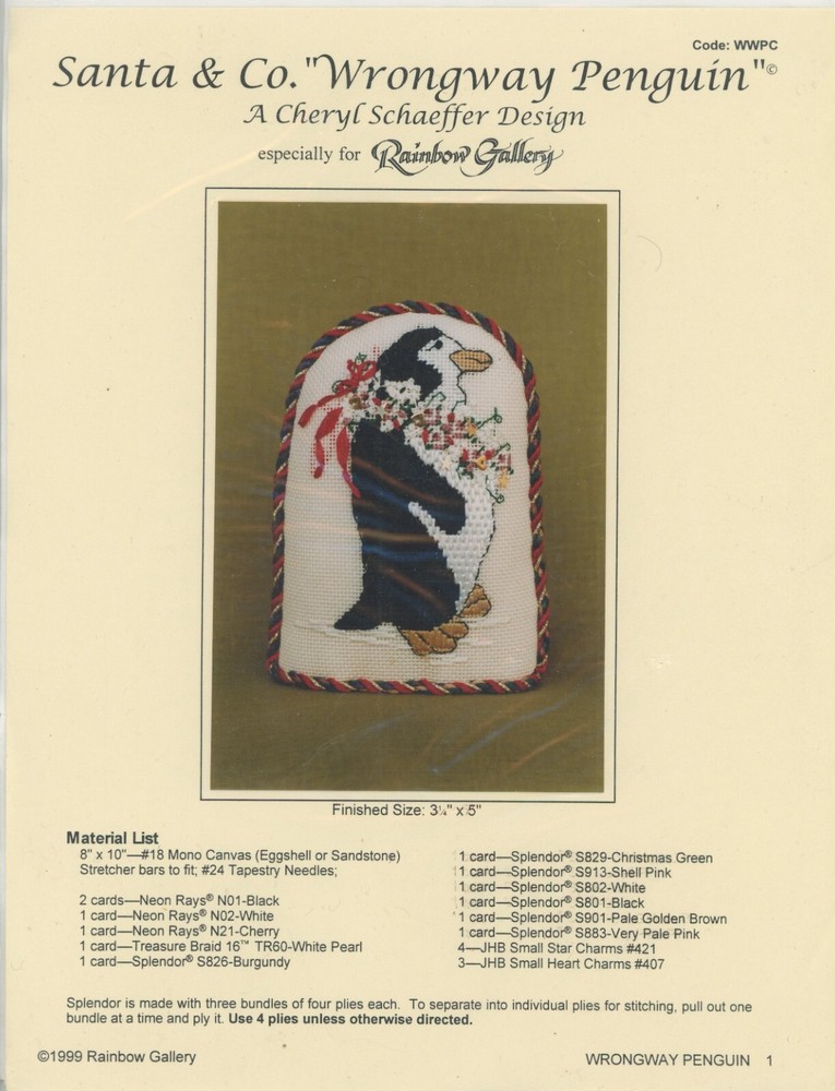 Rainbow Gallery Cheryl Schaeffer Santa & Co. Wrongway Penguin Needlepoint