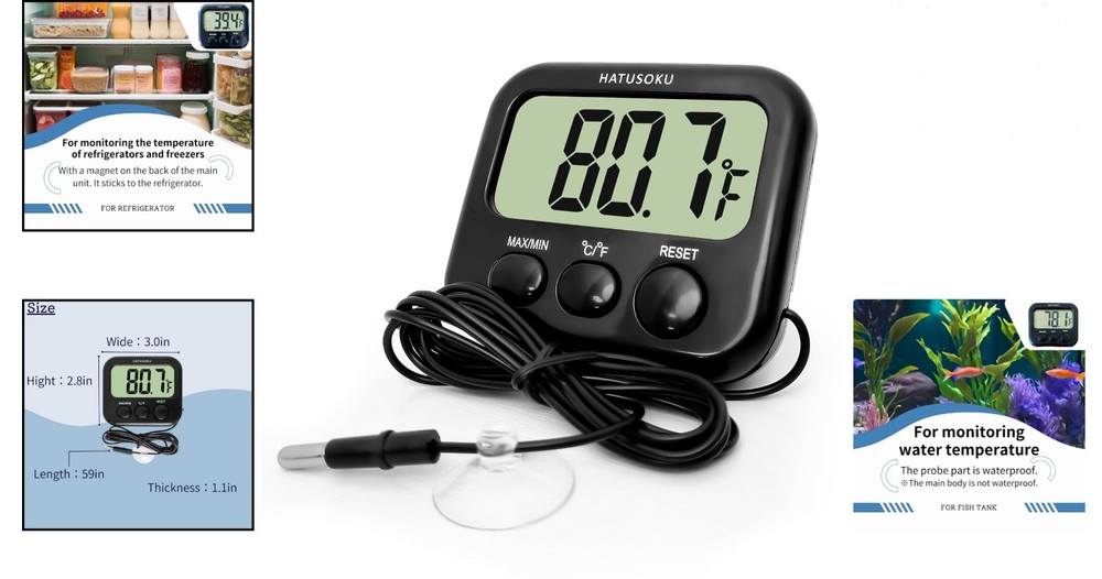 Digital Thermometer with External Sensor: Large Display & Magnetic Mount, Black