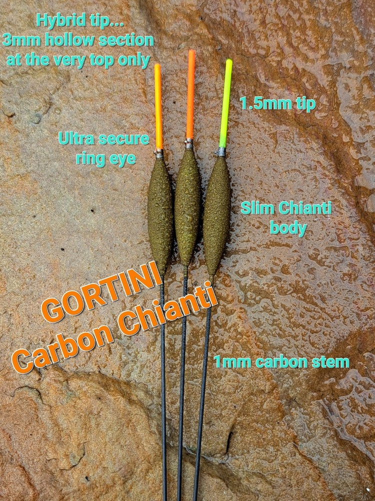 3 no. Handmade GORTINI No. 5 (0.5g) Carbon Chianti 'Solid core tip' pole float