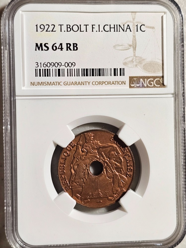 French Indochina 1 Cent 1922 Thunder Bolt NGC MS 64 RB