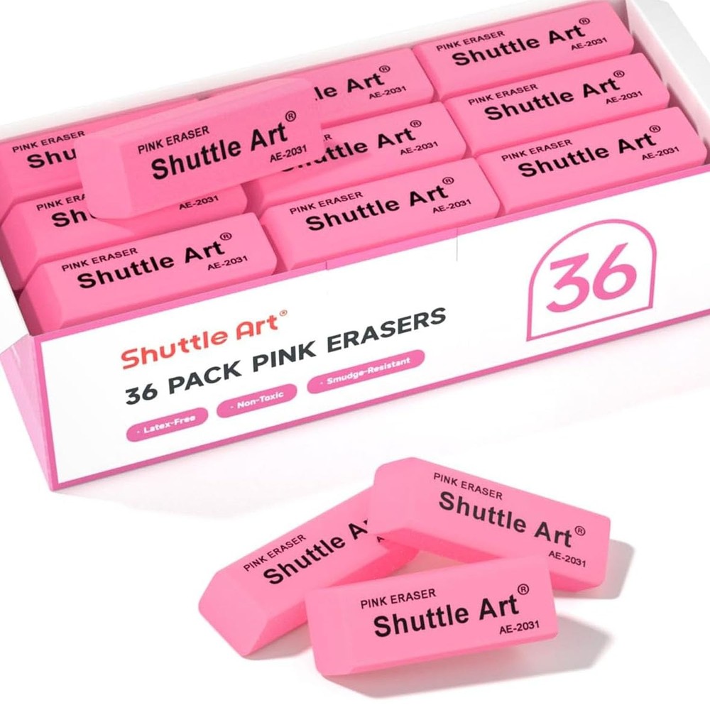 Shuttle Art Pink Erasers, 36 Pack Erasers Bulk, Latex-Free, No 36,