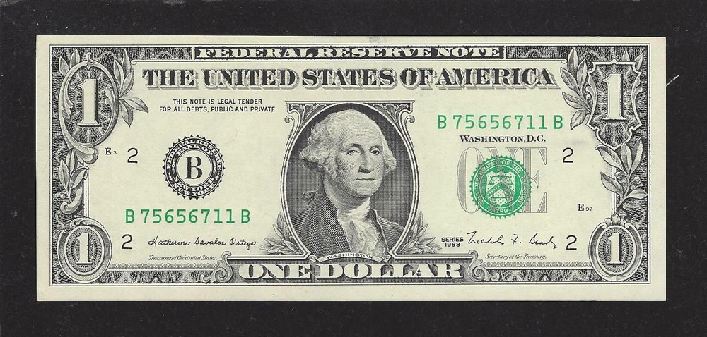 $1. FRN, Series 1988, Insufficient Inking Error, FR# 1914-B, Choice Uncirculated