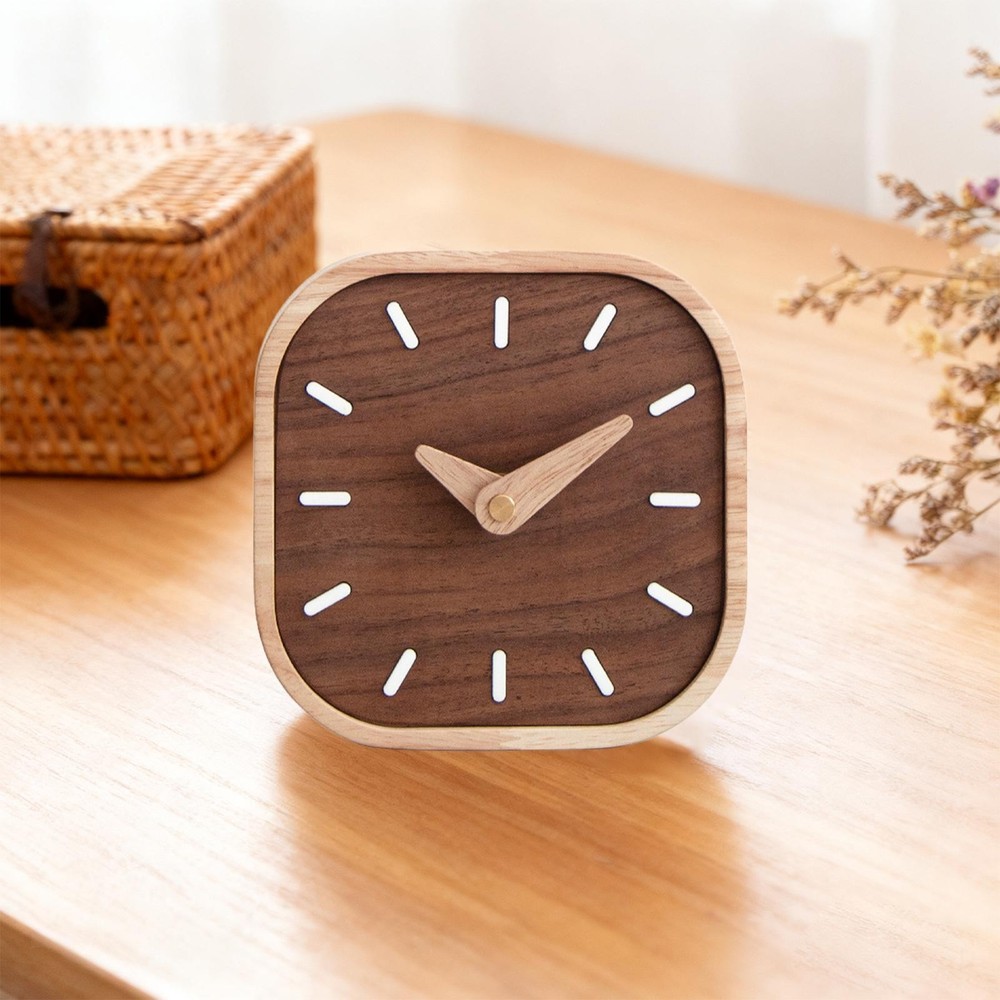 Wooden Table Clock Tabletop Ornament Solid Wood Aesthetic Simple Silent