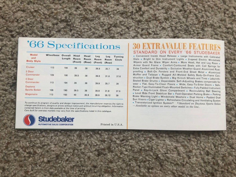 1966 Studebaker full car model line sales brouchure.