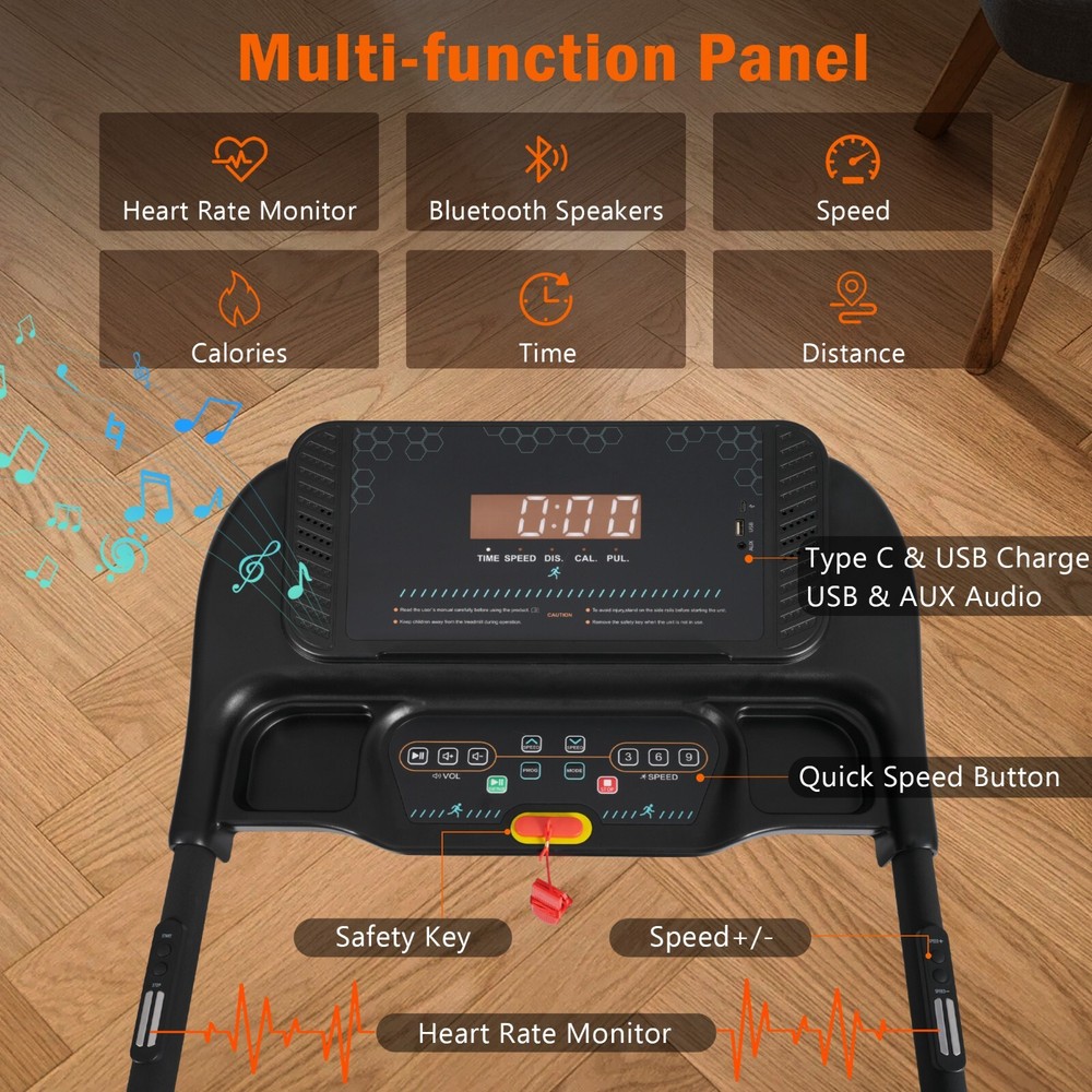 Incline Treadmill 3.0HP 10MPH Auto-Folding Type C & USB Charge Bluetooth Speaker
