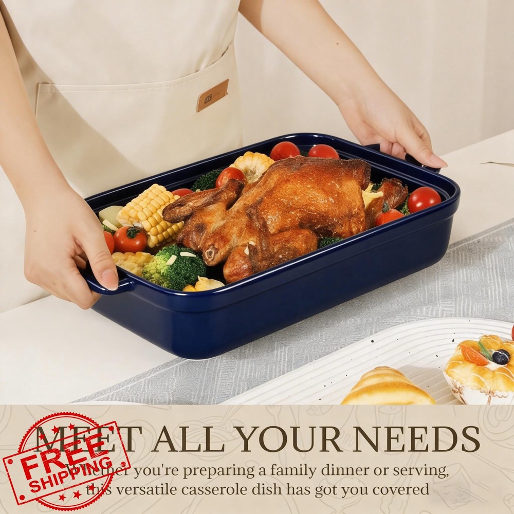 Large Blue Ceramic Casserole Dish Baking Lasagna Pan Oven