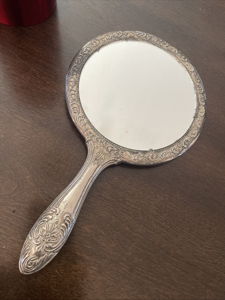 Vintage Antique Silver Plated Ornate Vanity Hand Mirror. Heavy