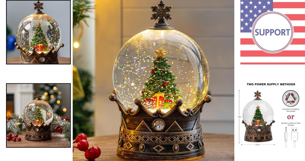 Charming Glittering Christmas Tree Crown Snow Globe with USB & Battery Modes
