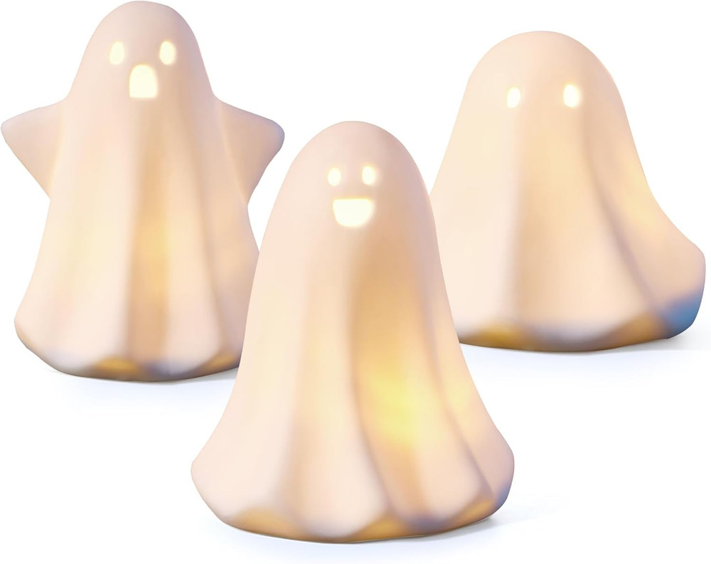 Ceramic Ghosts Small White Ghost Figurine, 3PCS Light up Ghost Decor