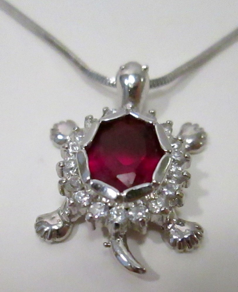 Red & White Rhinestone and Silver Tone Turtle Pendant Necklace Untested