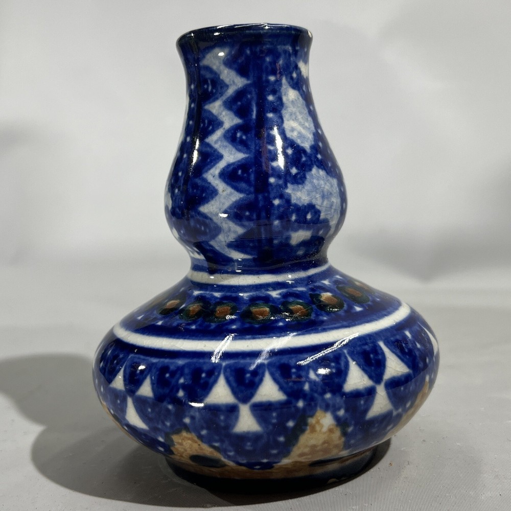 Antique Middle Eastern Blue And White Double Gourd Vase MARKED