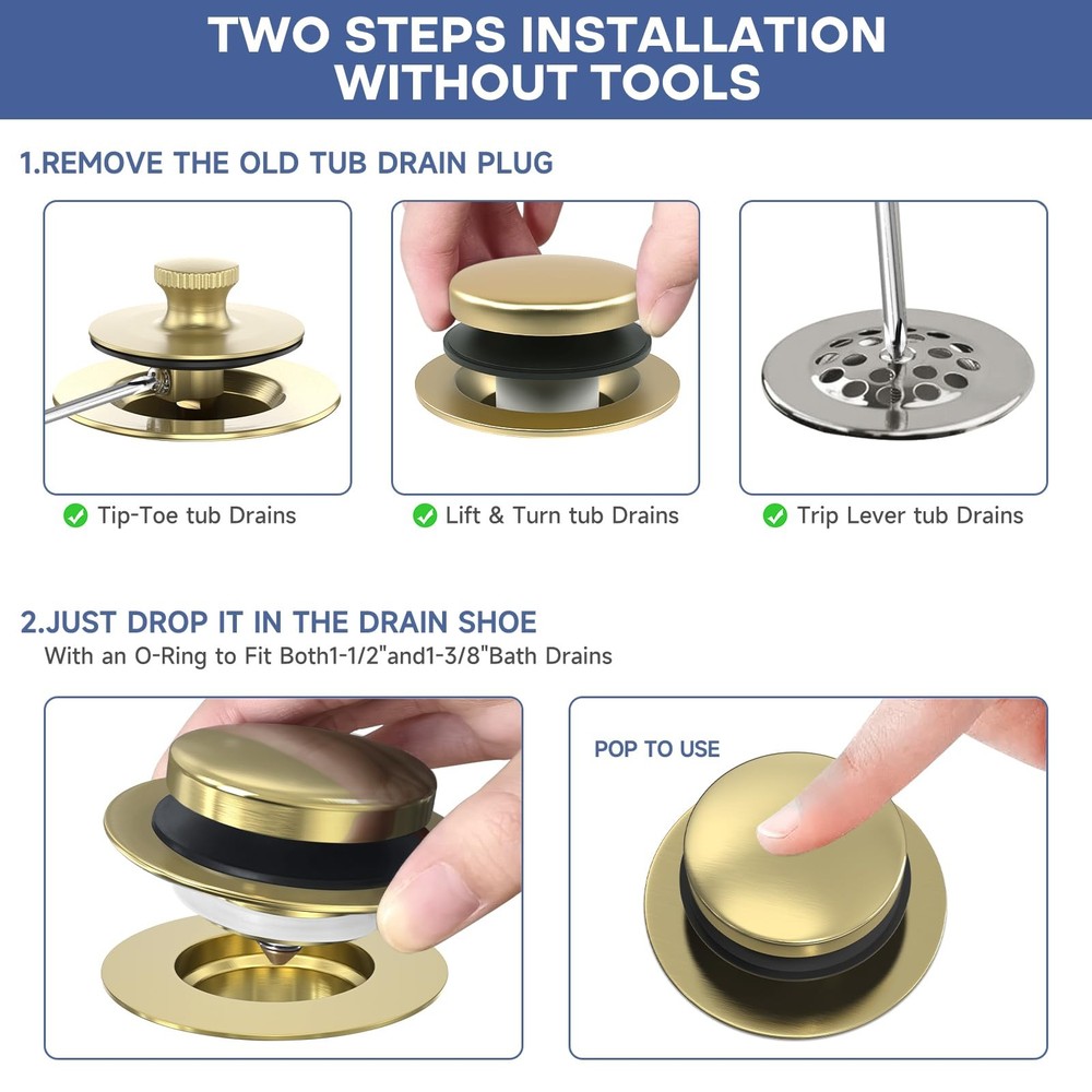 Brushed Gold Upgraded Tip Toe Tub Stopper, Universal Pop Up