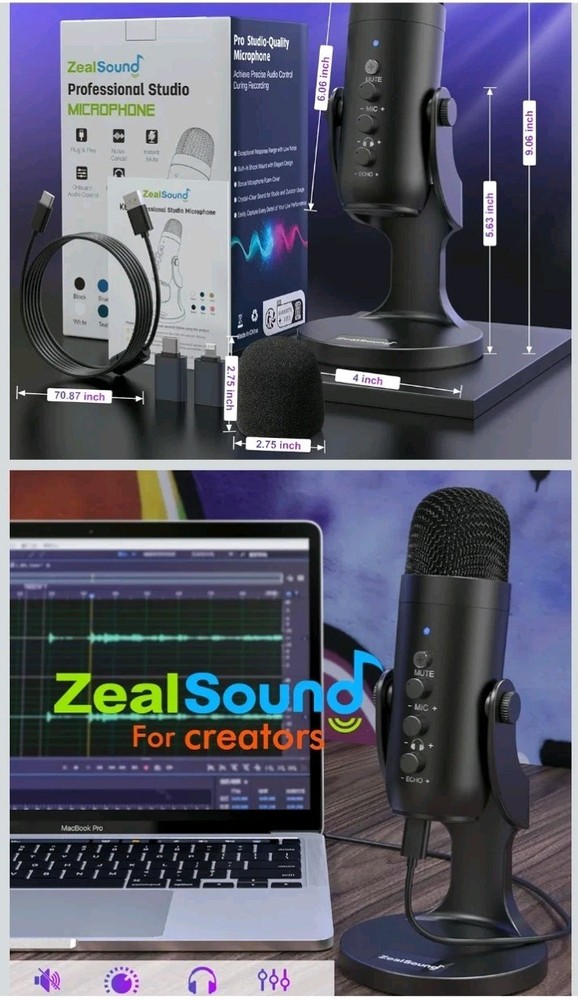 ZealSound Podcast Microphone For PC, Noise Cancellation USB Mic