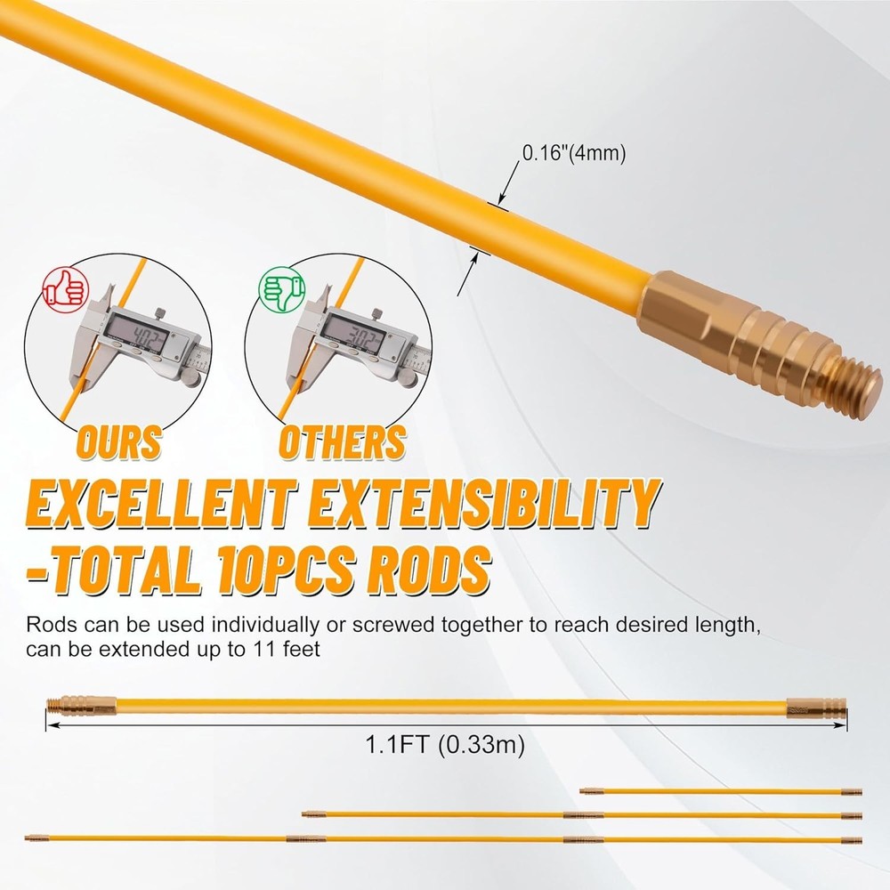11FT Fiberglass Running Electrical Wire Cable Glow Rods Wire Pulling Tools Fi...