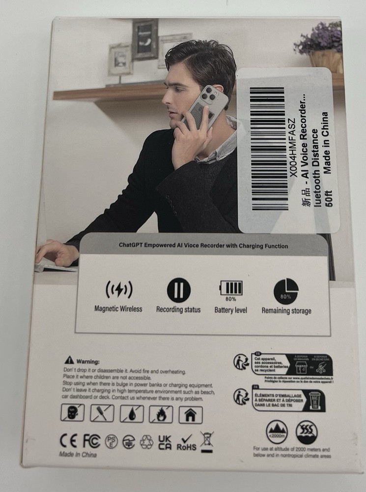 AI Voice Recorder Record Transcribe Multi Languages 50Ft Bluetooth Distance