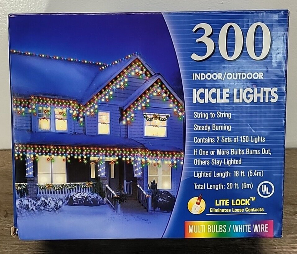 300 Indoor Outdoor Icicle Lights String To String Multi Bulbs White Wire