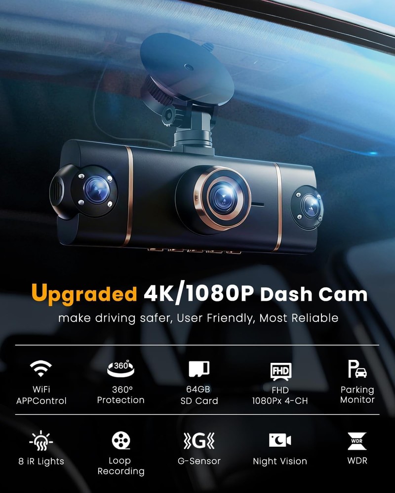 Quad Dash Cam 360 4K 1080P Front Rear Inside Left Right Side HD