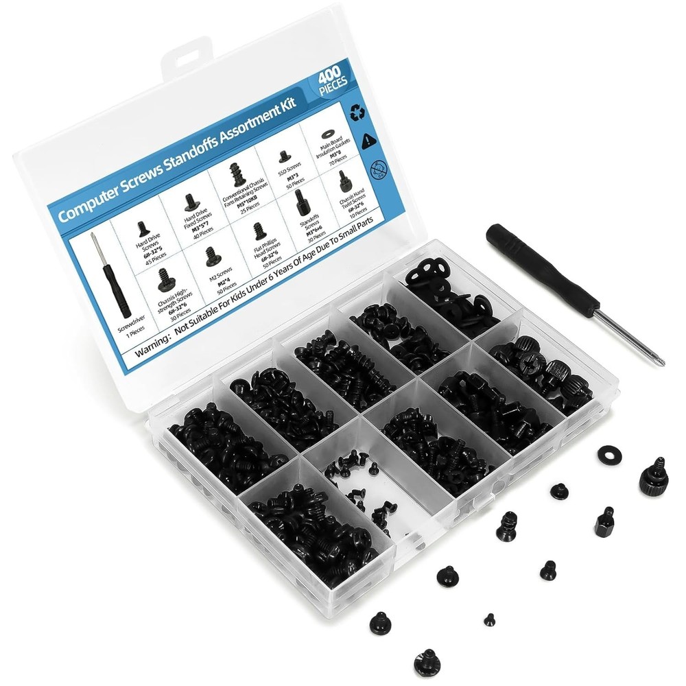 400pcs Computer Screws Kit w/ Screwdriver Standoffs for PC Case HDD SSD Fan
