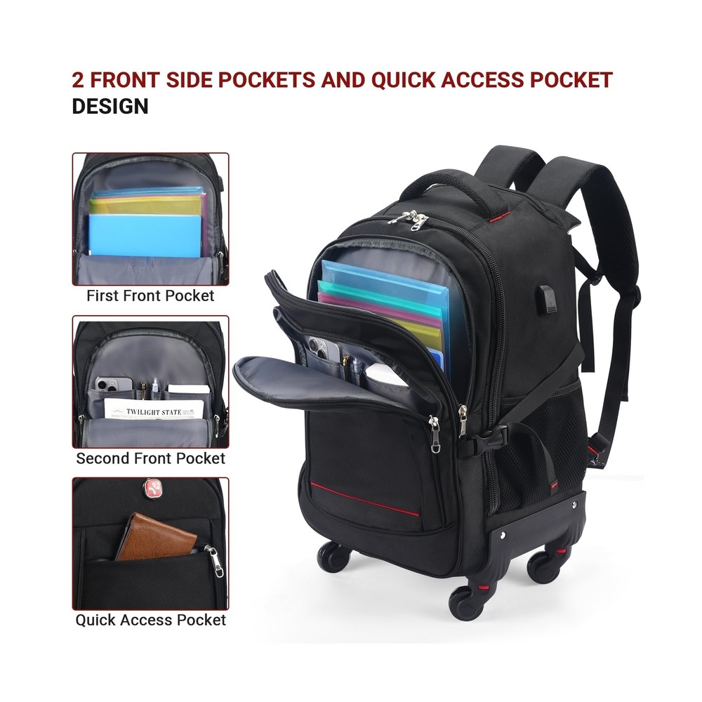 Rolling Backpack with 4 Extra Wheels - Water-Resistant, Airline Approved Unde...